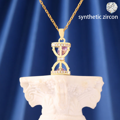 Women’s Sand Clock Pendant Necklace In Silver With Bezel Setting, Copper Material And Zircon Inlay On Cable Chain