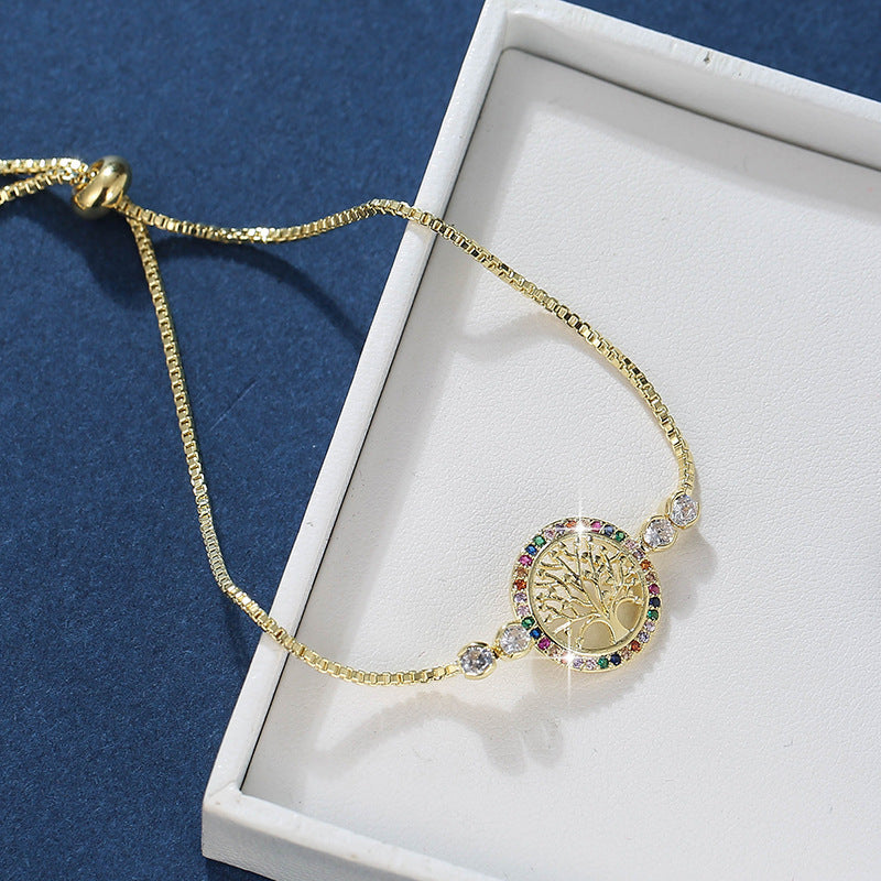 Life Tree Handmade Bracelets For Women In Titanium Steel With Electroplated Gold Plating And Rhinestone Inlay