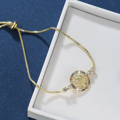 Life Tree Handmade Bracelets For Women In Titanium Steel With Electroplated Gold Plating And Rhinestone Inlay