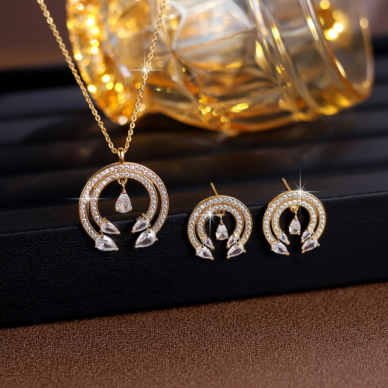 Women’s Star Necklace Jewelry Set In Platinum Plated Copper With Zircon Inlay, 2 Pieces Set