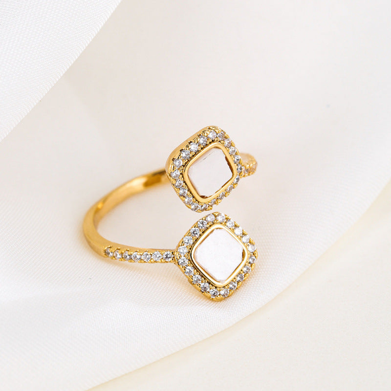 Geometric Open Ring For Women In White Copper With Electroplated Gold Plating And Zircon Inlay