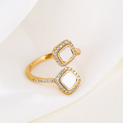 Geometric Open Ring For Women In White Copper With Electroplated Gold Plating And Zircon Inlay