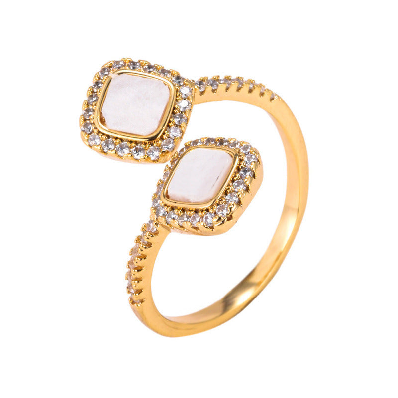 Geometric Open Ring For Women In White Copper With Electroplated Gold Plating And Zircon Inlay