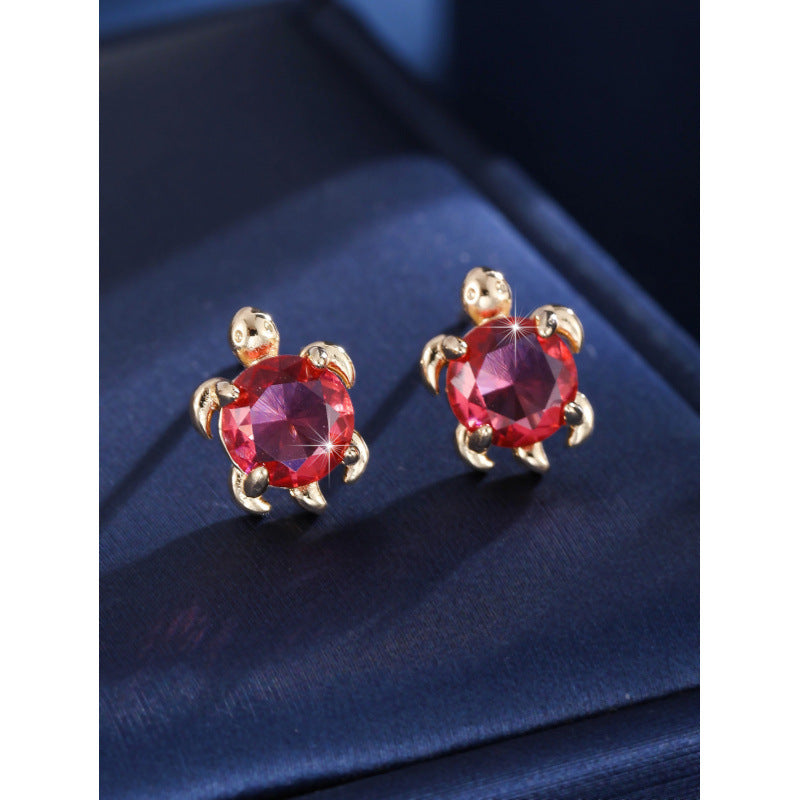 Cute Tortoise Stud Earrings For Women In Gold Copper With Zircon Inlay