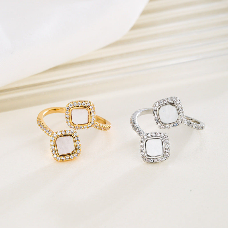 Geometric Open Ring For Women In White Copper With Electroplated Gold Plating And Zircon Inlay