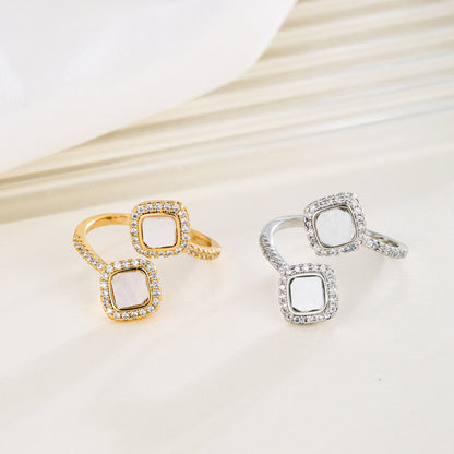 Geometric Open Ring For Women In White Copper With Electroplated Gold Plating And Zircon Inlay