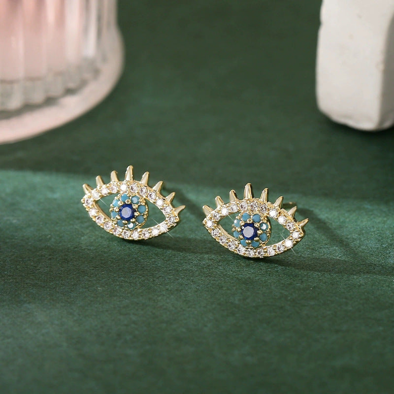Devil's Eye Stud Earrings For Women In Gold Featuring Copper Posts And Zircon Inlay