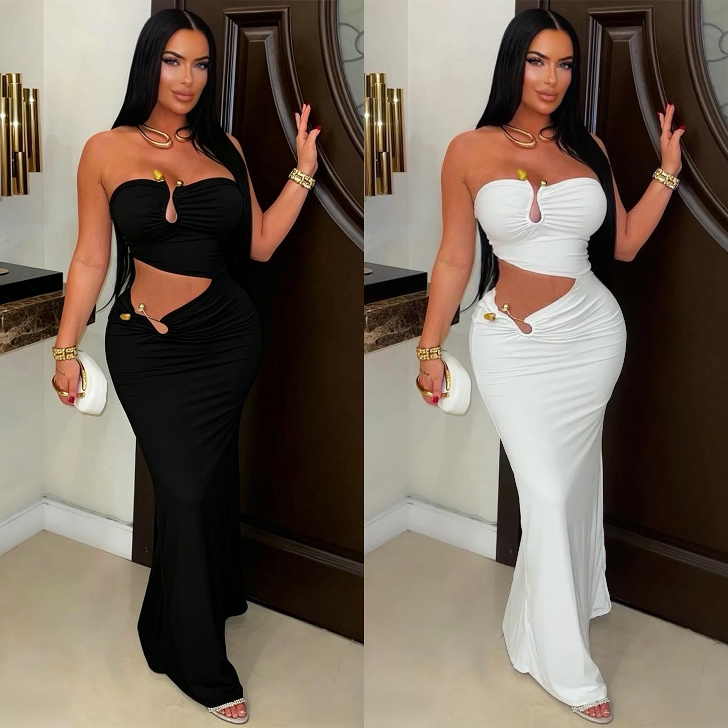 Elegant Solid Color Sleeveless Tube Bra Sheath Dress In Polyester With Maxi Long Dress Length