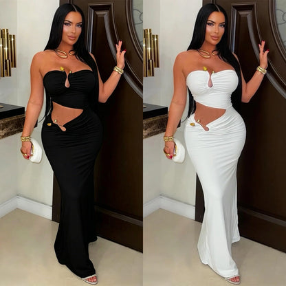 Elegant Solid Color Sleeveless Tube Bra Sheath Dress In Polyester With Maxi Long Dress Length
