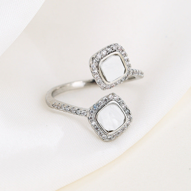 Geometric Open Ring For Women In White Copper With Electroplated Gold Plating And Zircon Inlay