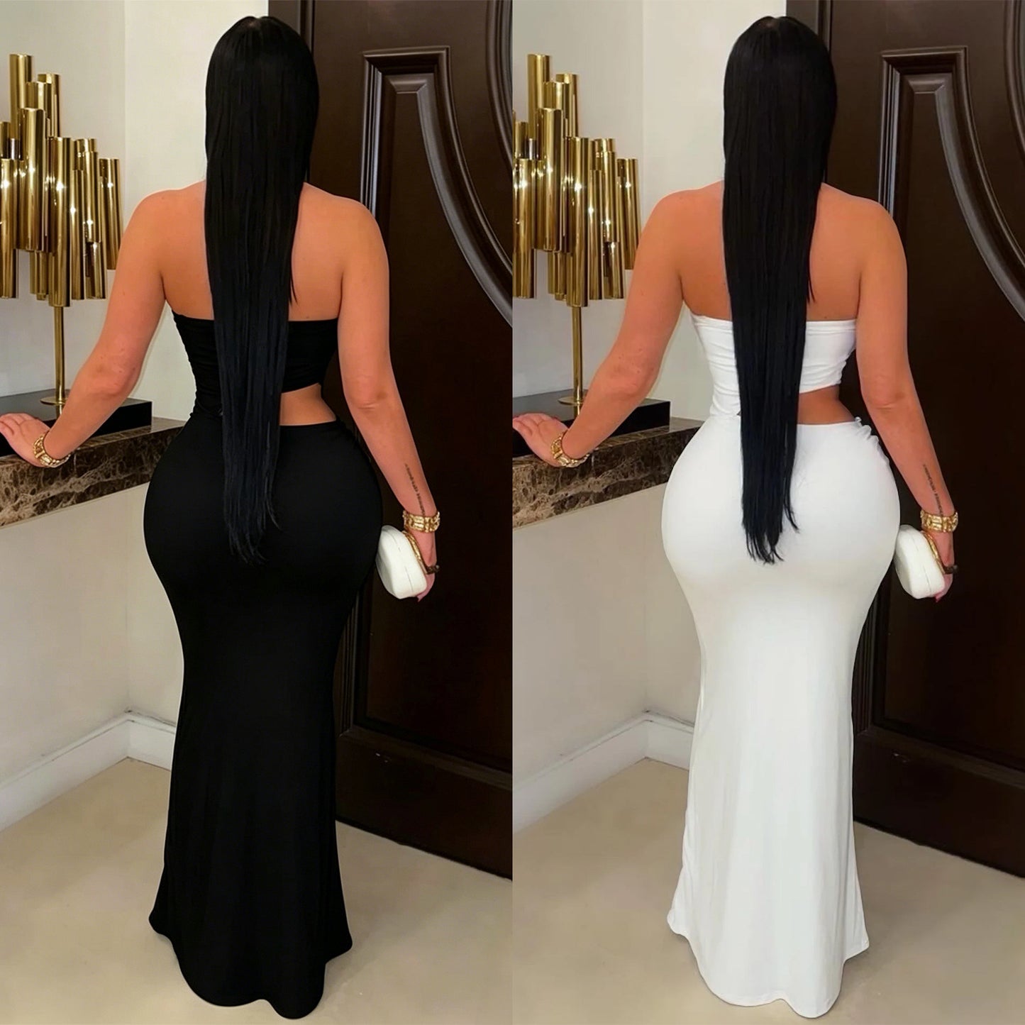 Elegant Solid Color Sleeveless Tube Bra Sheath Dress In Polyester With Maxi Long Dress Length