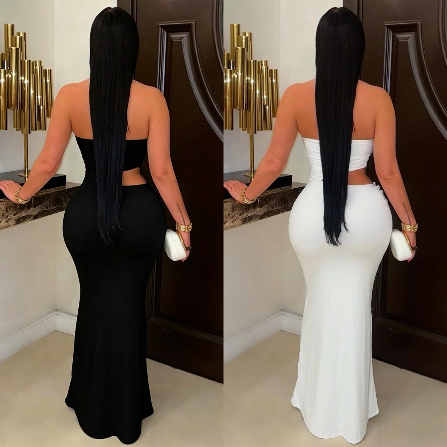 Elegant Solid Color Sleeveless Tube Bra Sheath Dress In Polyester With Maxi Long Dress Length
