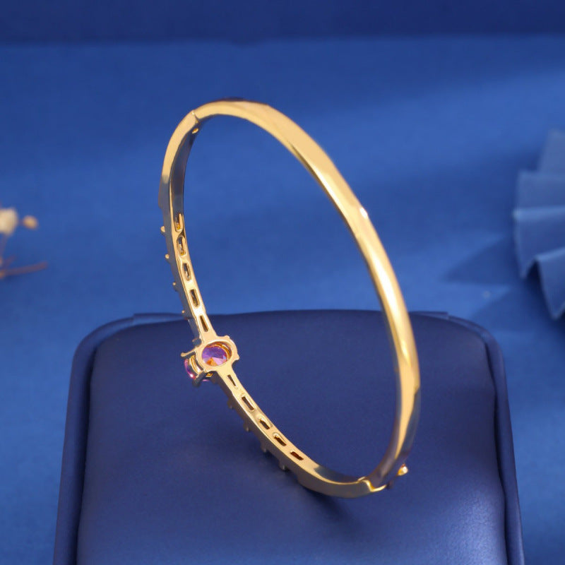 Irregular Inlay Zircon Copper Bangle For Women With Electroplated Gold Plating Process