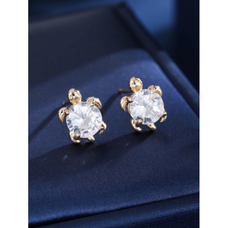 Cute Tortoise Stud Earrings For Women In Gold Copper With Zircon Inlay