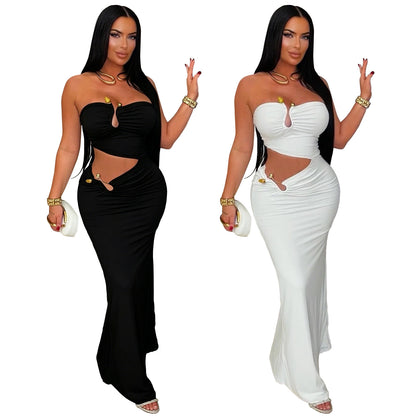 Elegant Solid Color Sleeveless Tube Bra Sheath Dress In Polyester With Maxi Long Dress Length