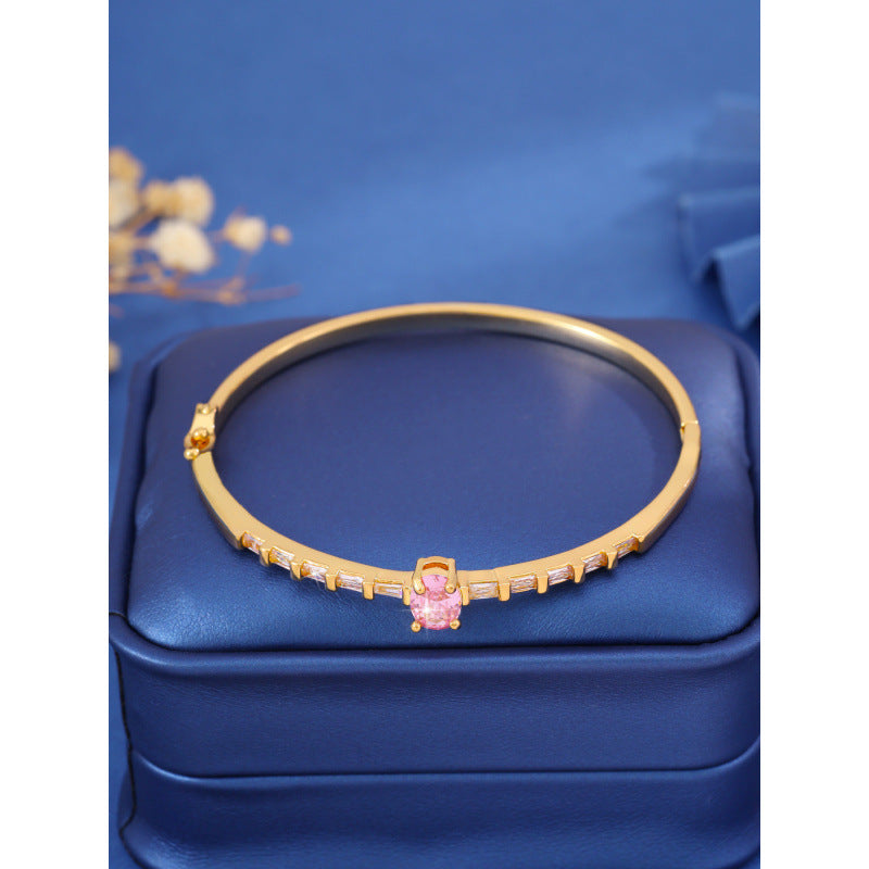 Irregular Inlay Zircon Copper Bangle For Women With Electroplated Gold Plating Process