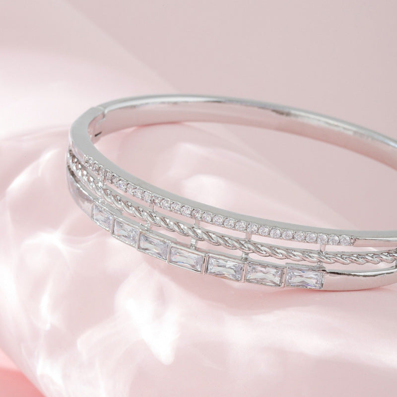 Round Braid Bangle For Women In Copper With Silver Plated Electroplated Finish Featuring Zircon Inlay