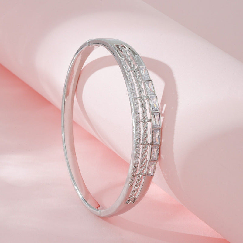 Round Braid Bangle For Women In Copper With Silver Plated Electroplated Finish Featuring Zircon Inlay