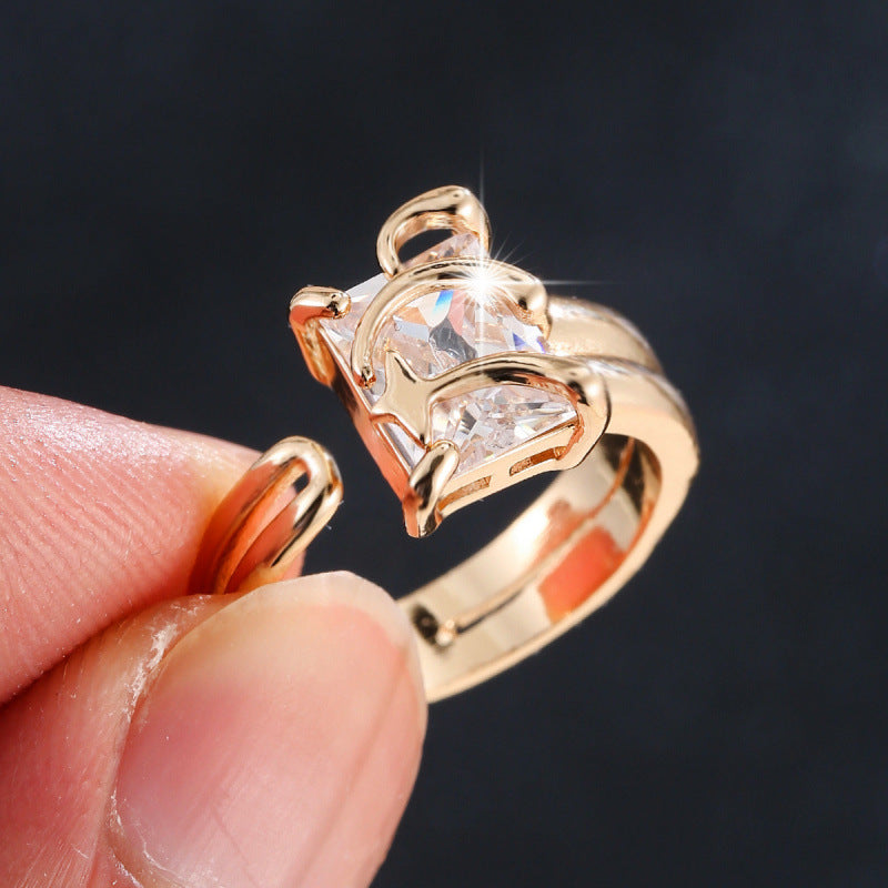 Geometric Open Ring For Women In Gold Electroplated Copper With Zircon Inlay