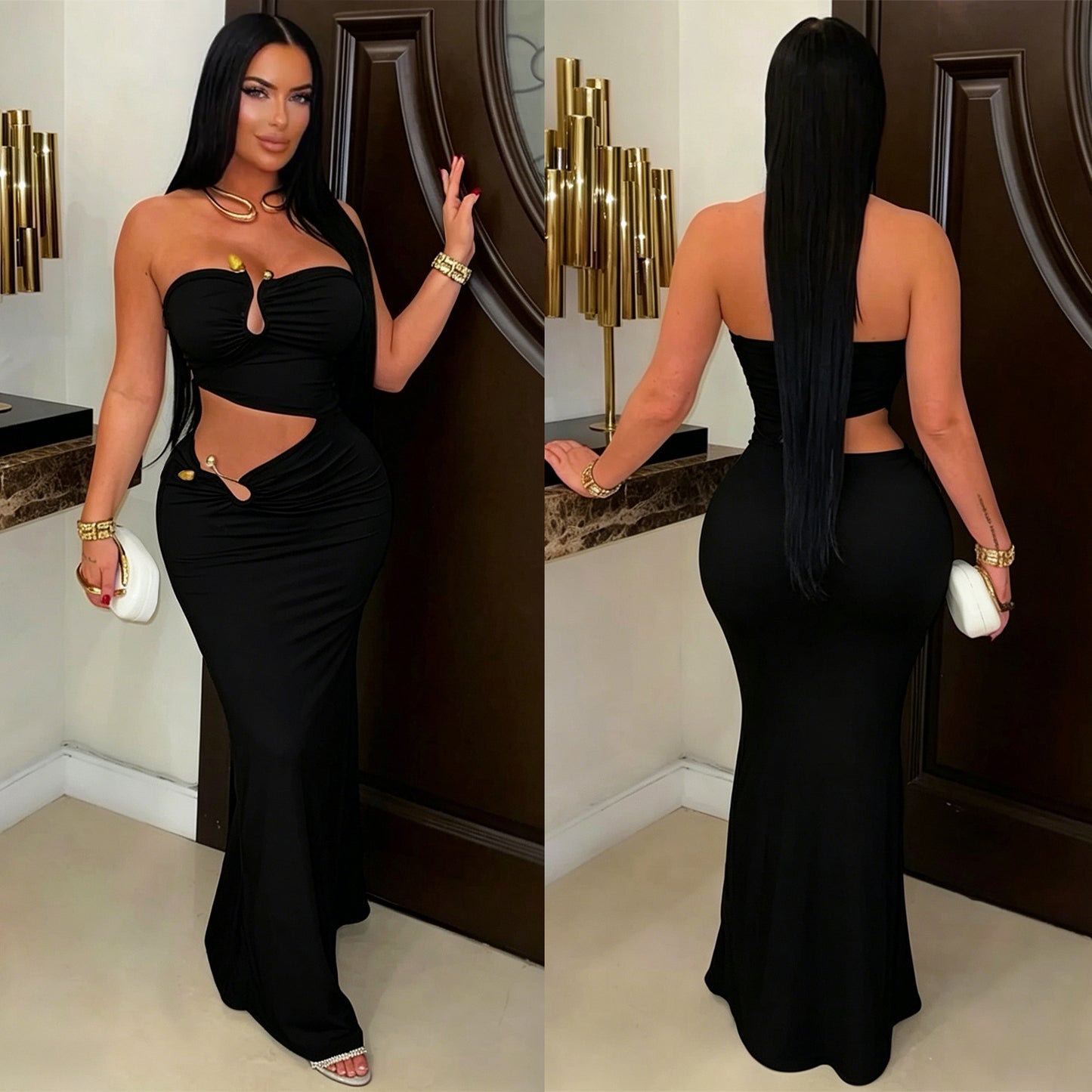 Elegant Solid Color Sleeveless Tube Bra Sheath Dress In Polyester With Maxi Long Dress Length