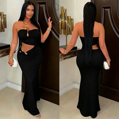 Elegant Solid Color Sleeveless Tube Bra Sheath Dress In Polyester With Maxi Long Dress Length