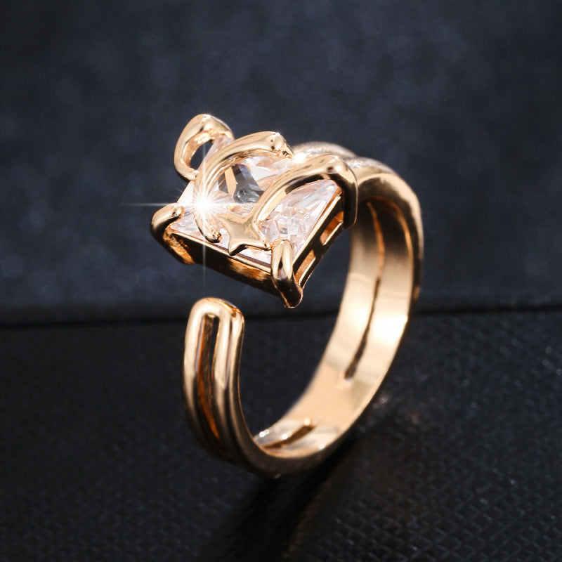 Geometric Open Ring For Women In Gold Electroplated Copper With Zircon Inlay