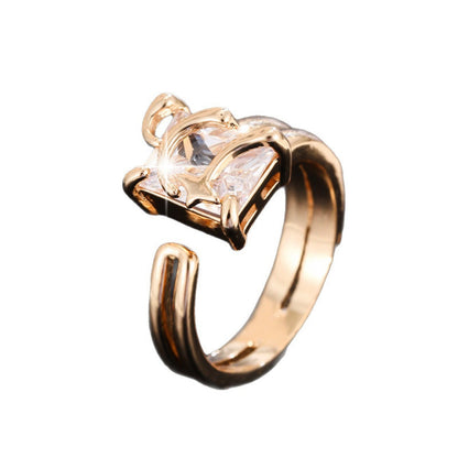 Geometric Open Ring For Women In Gold Electroplated Copper With Zircon Inlay