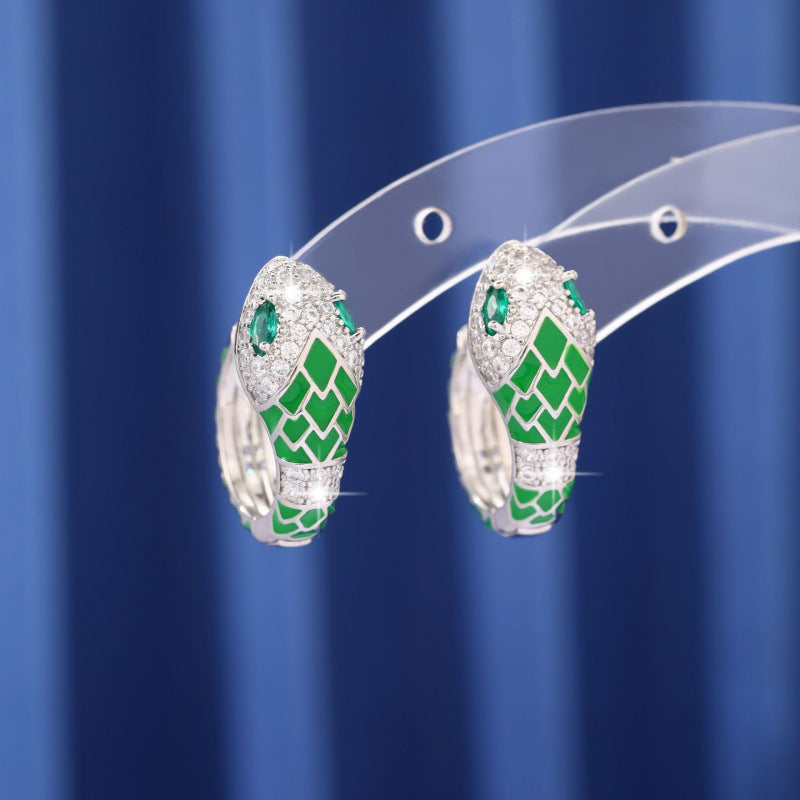 White Snake Earrings For Women Featuring Copper Ear Pins And Zircon Inlay