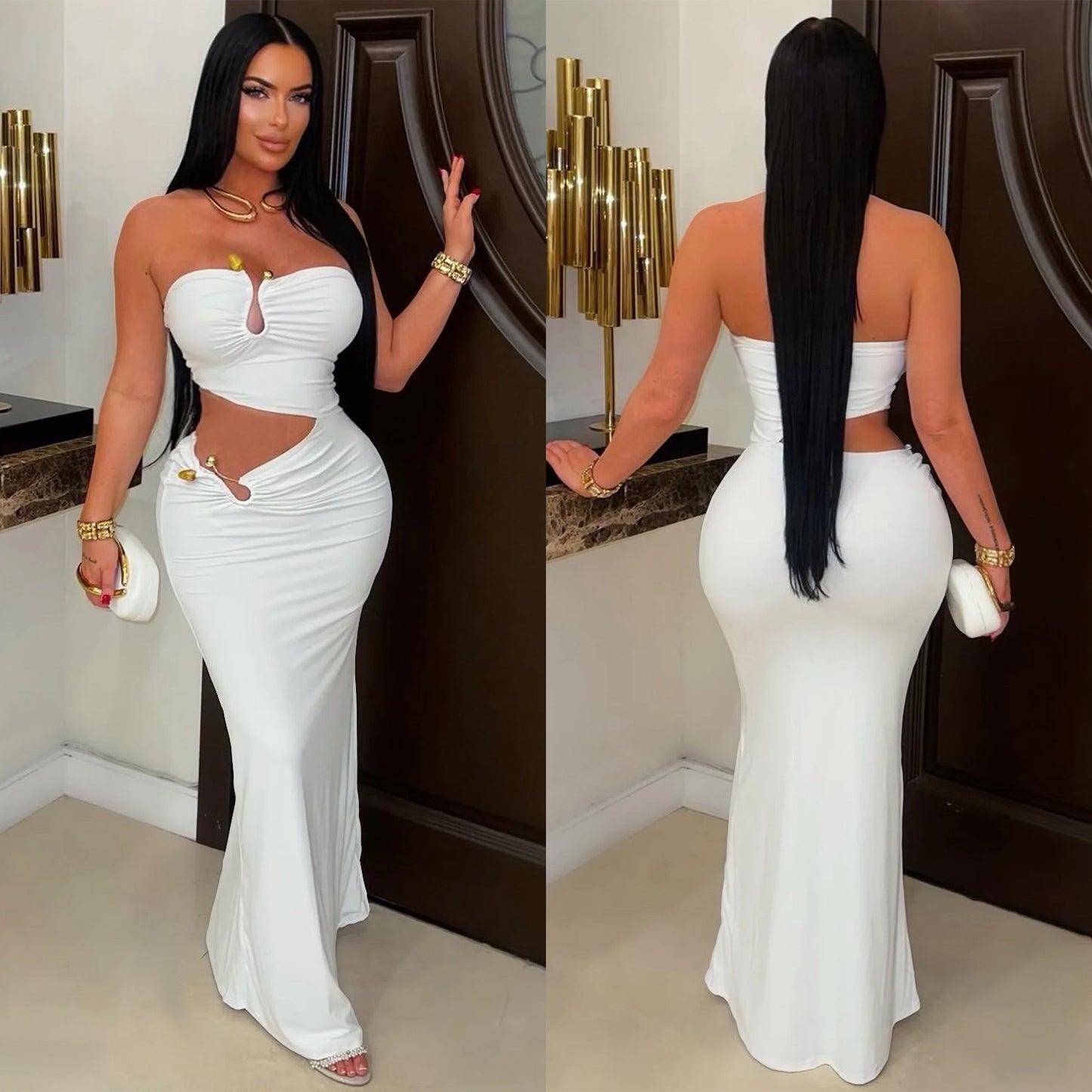 Elegant Solid Color Sleeveless Tube Bra Sheath Dress In Polyester With Maxi Long Dress Length