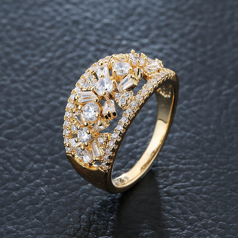 Square Copper Ring For Women With Real Gold Plated Electroplated Finish Featuring Zircon Inlay