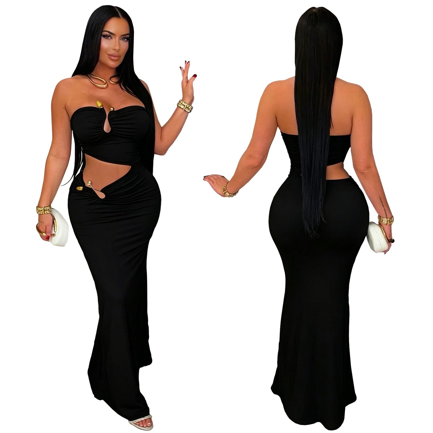 Elegant Solid Color Sleeveless Tube Bra Sheath Dress In Polyester With Maxi Long Dress Length