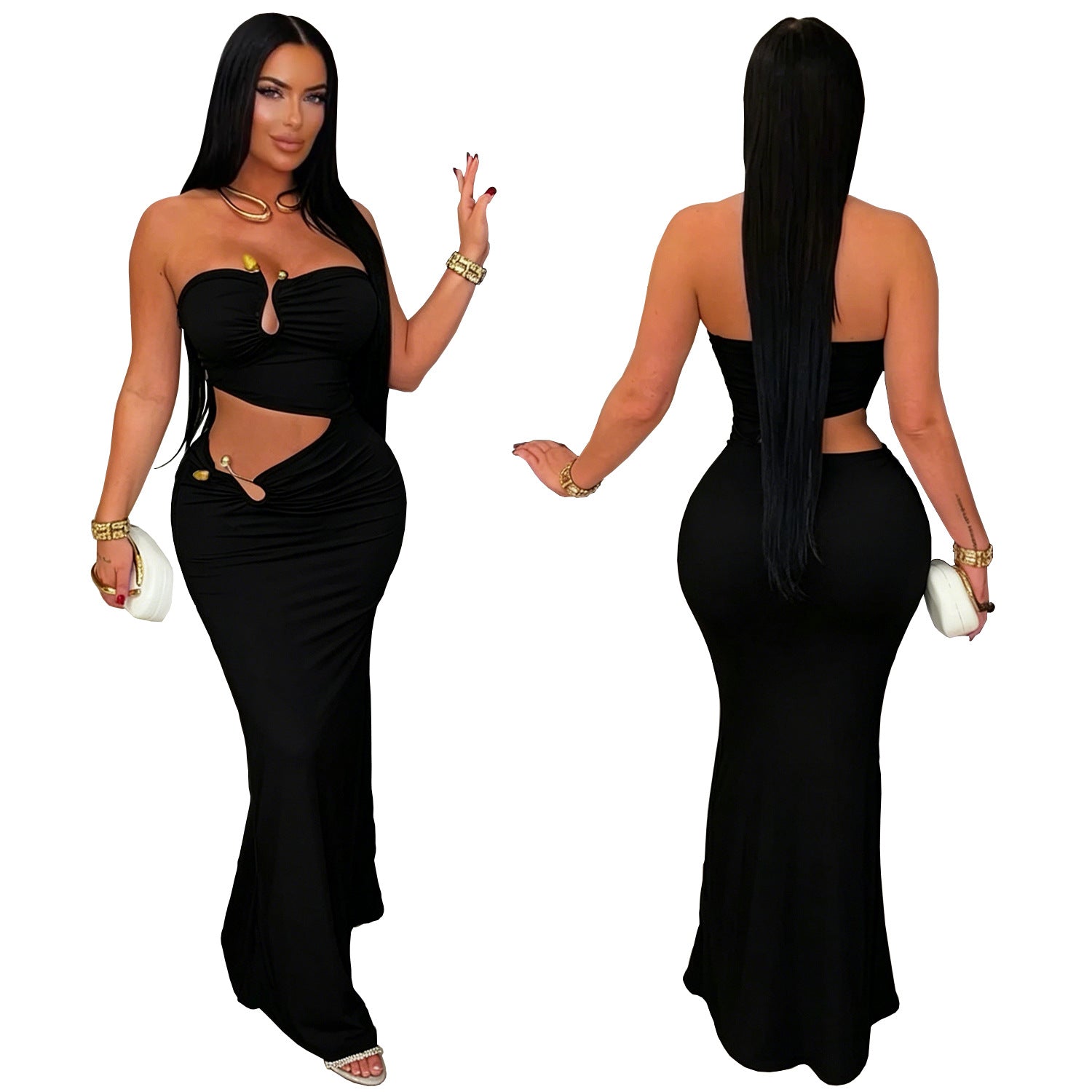 Elegant Solid Color Sleeveless Tube Bra Sheath Dress In Polyester With Maxi Long Dress Length
