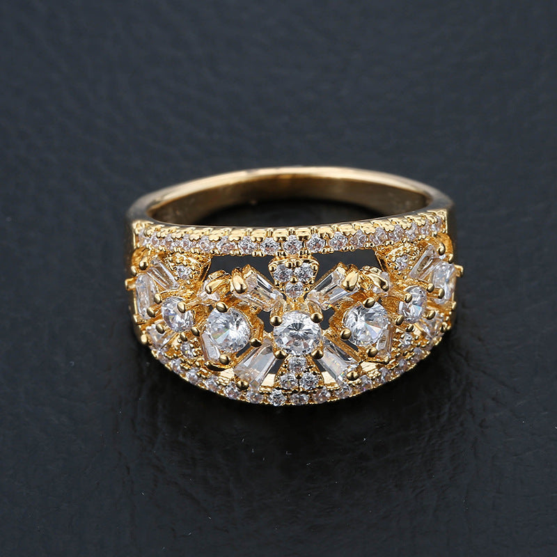 Square Copper Ring For Women With Real Gold Plated Electroplated Finish Featuring Zircon Inlay
