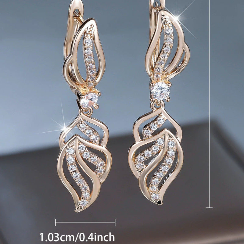 Leaves Clip Earrings For Women With Bezel Setting, Copper Studs, And Rhinestone Inlay