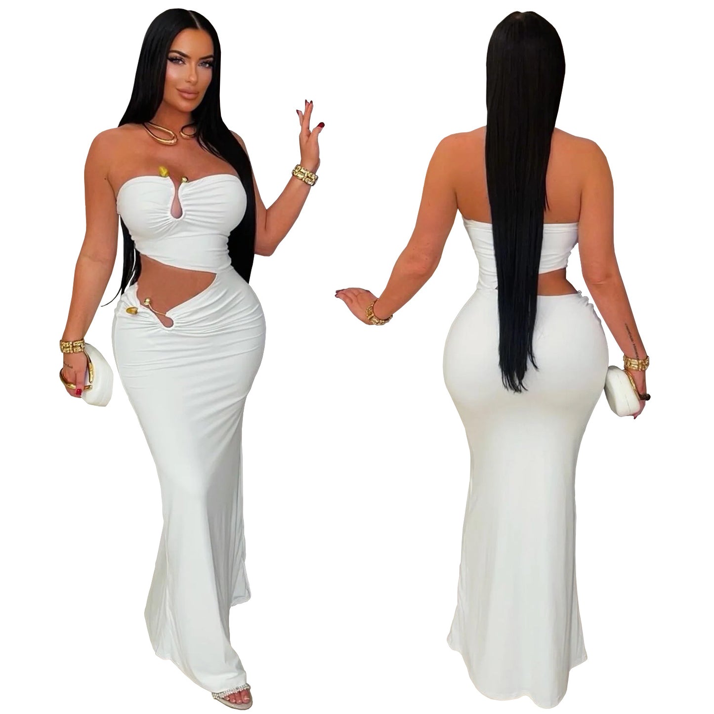Elegant Solid Color Sleeveless Tube Bra Sheath Dress In Polyester With Maxi Long Dress Length