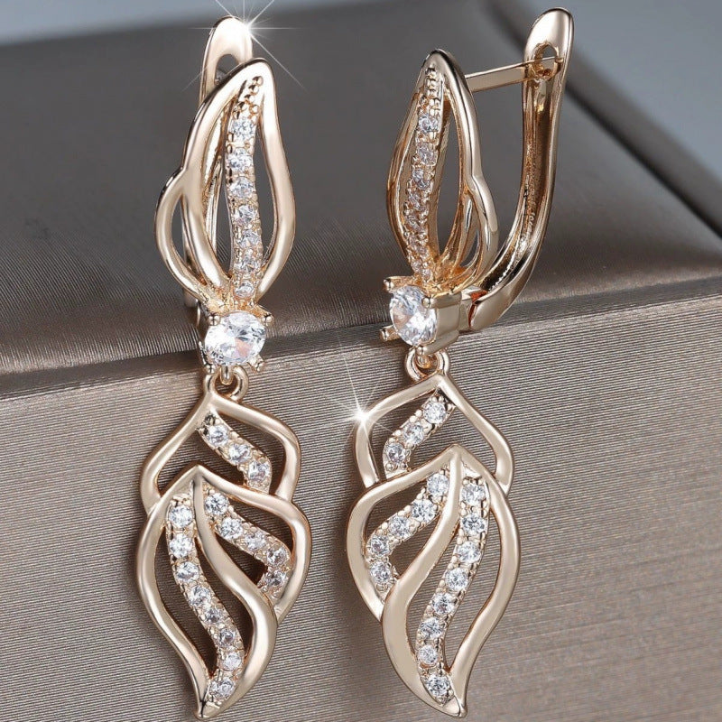 Leaves Clip Earrings For Women With Bezel Setting, Copper Studs, And Rhinestone Inlay