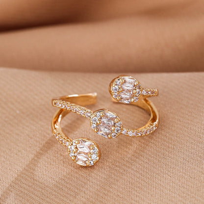Geometric Open Rings For Women In Electroplated Copper With Rhinestone Inlay