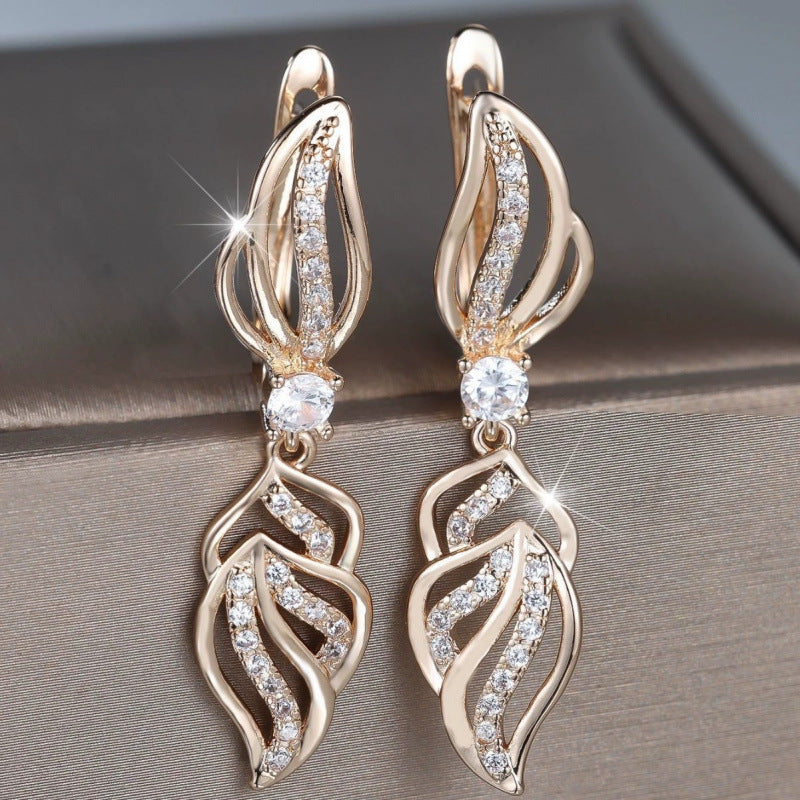 Leaves Clip Earrings For Women With Bezel Setting, Copper Studs, And Rhinestone Inlay