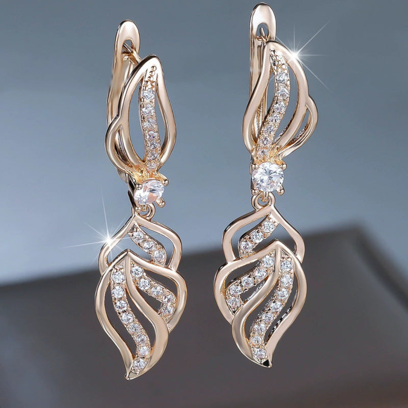 Leaves Clip Earrings For Women With Bezel Setting, Copper Studs, And Rhinestone Inlay