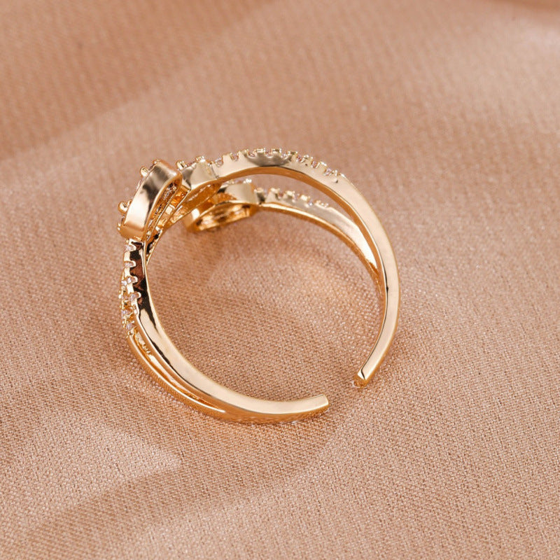 Geometric Open Rings For Women In Electroplated Copper With Rhinestone Inlay
