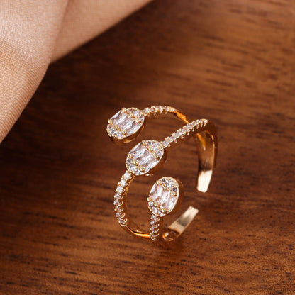 Geometric Open Rings For Women In Electroplated Copper With Rhinestone Inlay