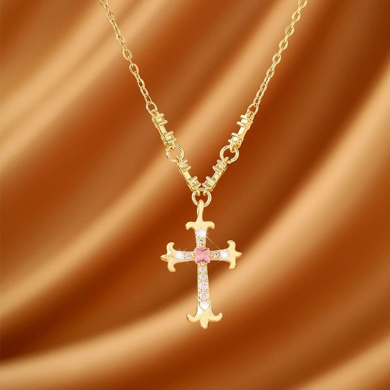 Retro Cross Pendant Necklace For Women In Electroplated Copper With Cable Chain