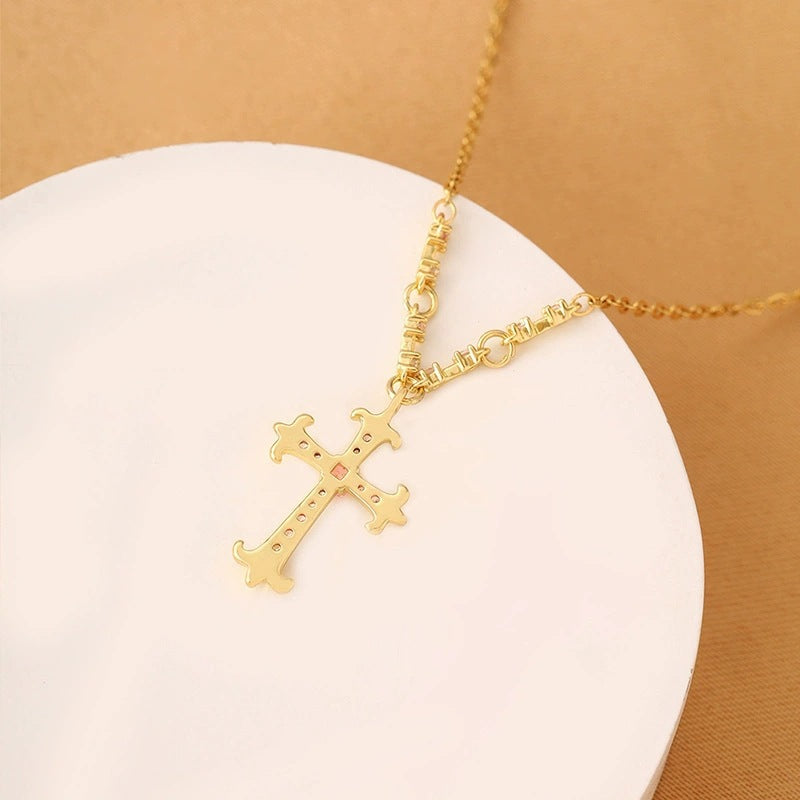 Retro Cross Pendant Necklace For Women In Electroplated Copper With Cable Chain