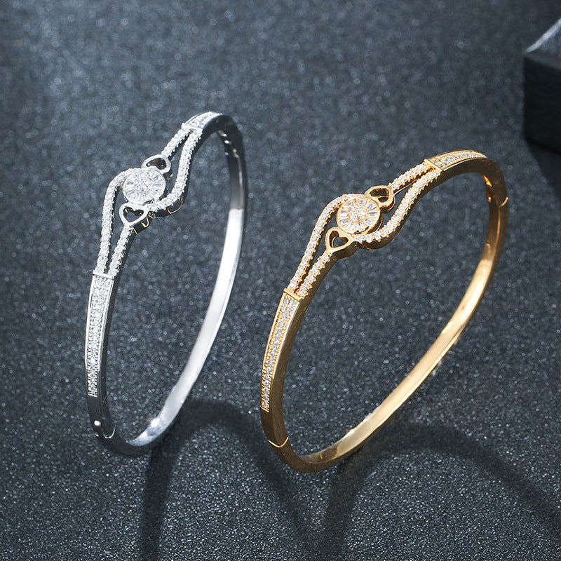 Heart Shape Bangle For Women In , Copper With 18K Real Gold Plated Electroplated Finish And Rhinestone Inlay