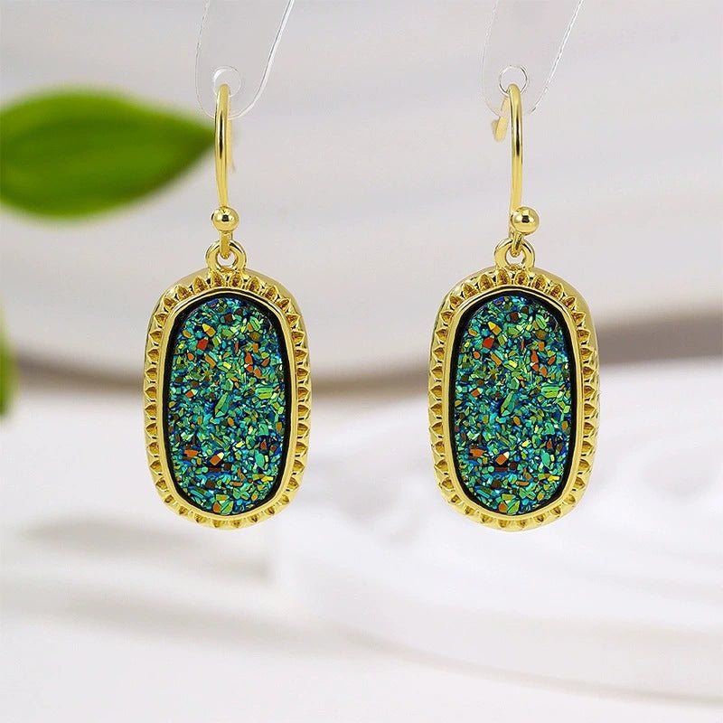 Oval Gold Stud Earrings For Women Featuring Copper Posts And Resin Inlay