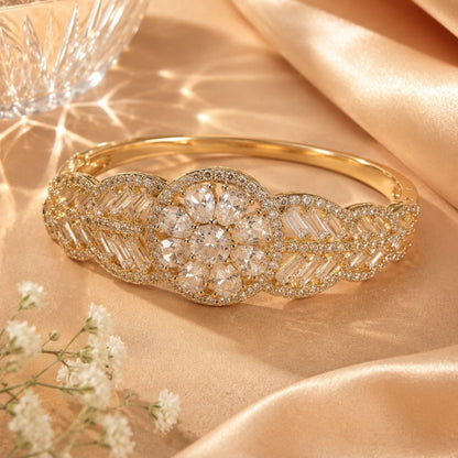 Flowers Inlay Bangle In Copper With Zircon, Electroplated Gold Plating, Elegant Gold Tone