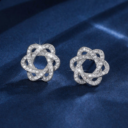 Gold Flowers Stud Earrings For Women With Copper Posts And Zircon Inlay