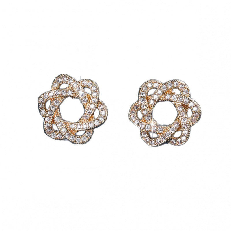 Gold Flowers Stud Earrings For Women With Copper Posts And Zircon Inlay