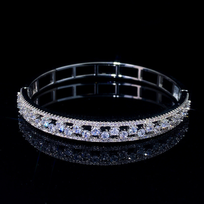 Geometric Inlay Copper Bangle For Women With Zircon Electroplated Gold Plating