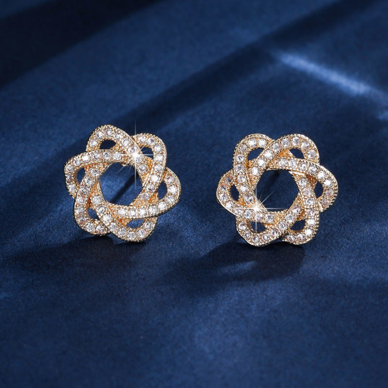 Gold Flowers Stud Earrings For Women With Copper Posts And Zircon Inlay